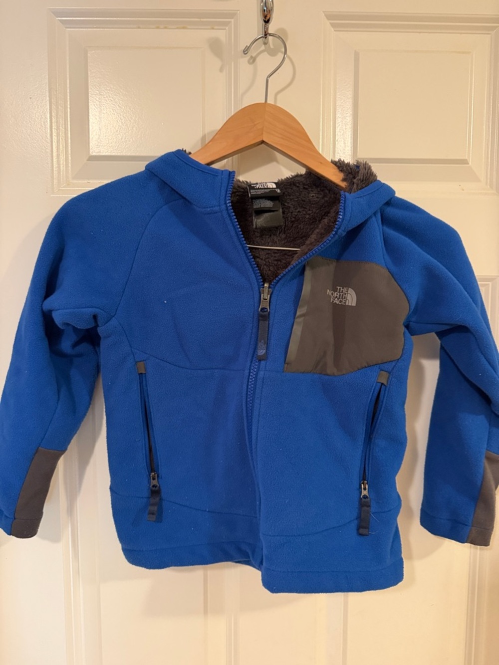 The North Face Kids Royal Blue Fleece Hoodie with Charcoal Chest Panel